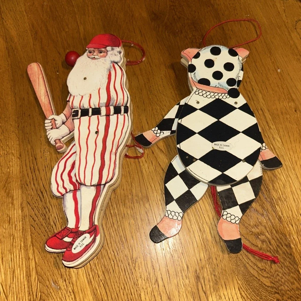 Vintage Pull String Christmas Ornament Lot Baseball Santa Clause &‎ Pajama Pig